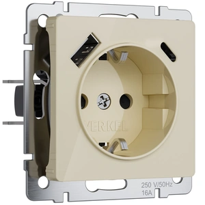 Изображение W1171743/ Розетка с заземлением, шторками и USB тип A+C (айвори акрил) W1171743